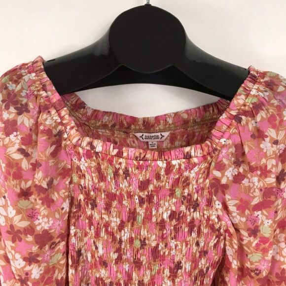 NANETTE Nanette Lepore Smocked Floral Peplum Blouse Women's Small Square Neck - Picture 3 of 11